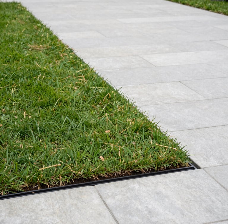 A crisp lawn edge meeting a clean stone driveway, showing a perfectly routed drainage and sub-surface irrigation installation under overcast coastal light.