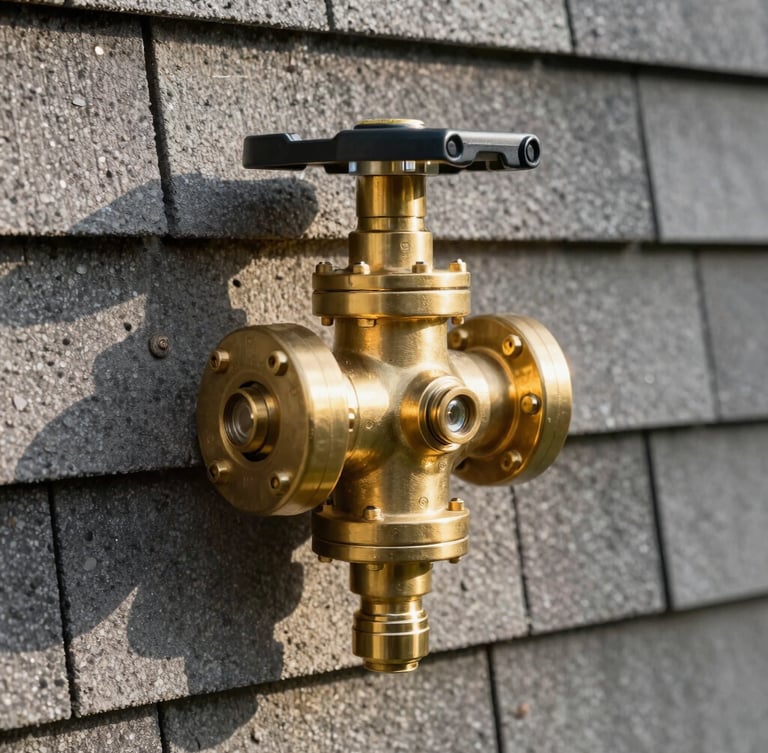 Close-up of a professional brass backflow preventer assembly, neatly installed against a shingled wall, illuminated by crisp morning sun.