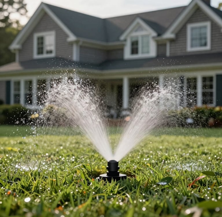 Low-angle shot of a clean, modern sprinkler head misting water over perfectly manicured turf on a Cape Cod estate, bright morning light with dew, shingle-style house softly blurred in the background