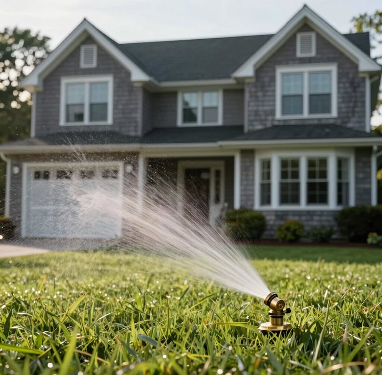 Low-angle portrait shot of a modern shingle-style Cape Cod home, a clean brass sprinkler head misting perfectly manicured green lawn in crisp morning light.