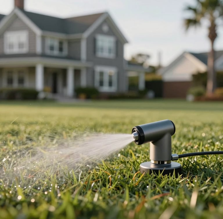 A close-up of a modern, low-profile sprinkler head cleanly misting manicured turf under soft morning coastal light, with a shingle-style Cape home blurred in the background.