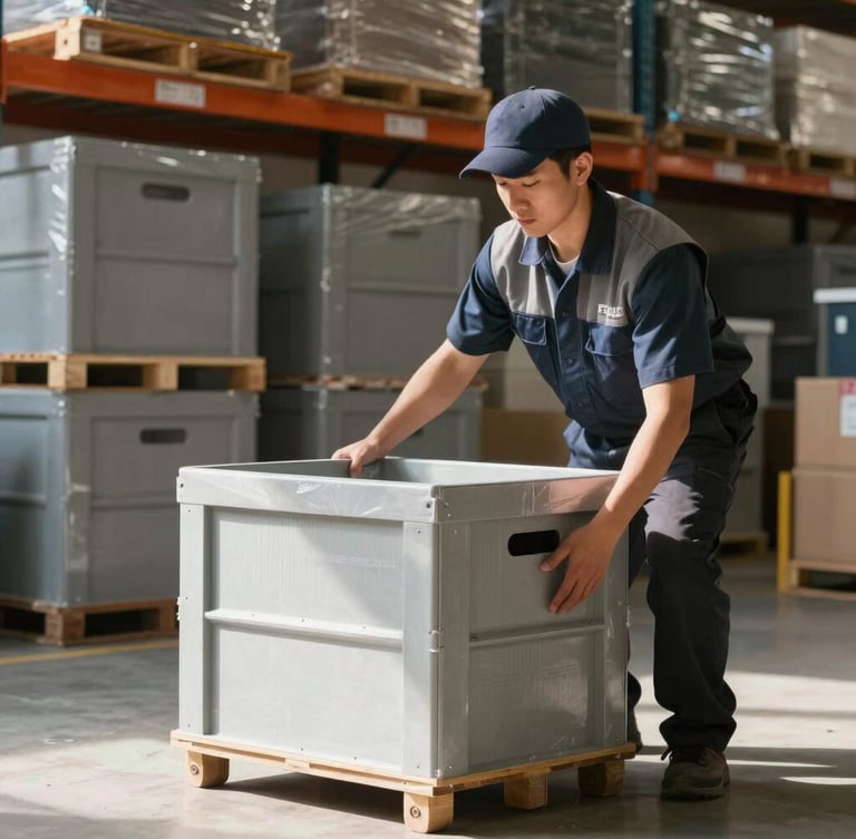 Medium shot of a professional uniformed mover inside a clean warehouse systematically packing a double-walled crate, bright natural daylight, sharp geometric lines.
