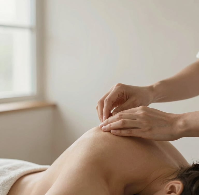 Close-up of hands gently adjusting a client's shoulder alignment in a minimalist, sunlit wellness studio, soft natural morning light, muted earth tones.