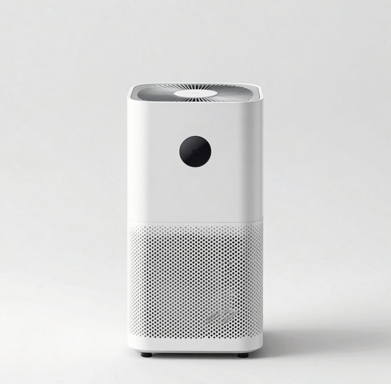 Clean, airy product shot showing a minimalist white air purifier in a high-key studio setting, sharp focus, professional commercial catalog, 50mm lens