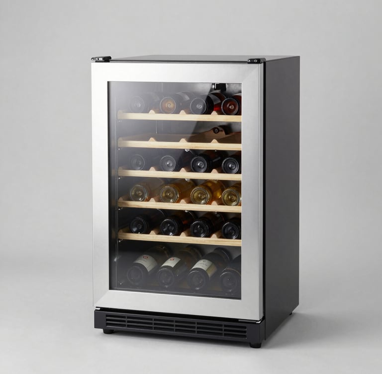 Architectural studio shot of a compact under-counter wine cooler with glass door, showcasing neatly arranged bottles inside, clean slate grey background, sharp focus, 50mm lens