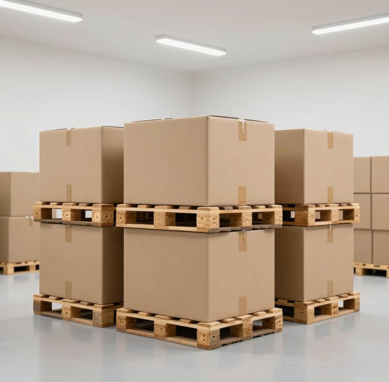 Neatly organized modern warehouse with stacked shipping pallets and pristine cardboard boxes under bright, clean overhead lighting.