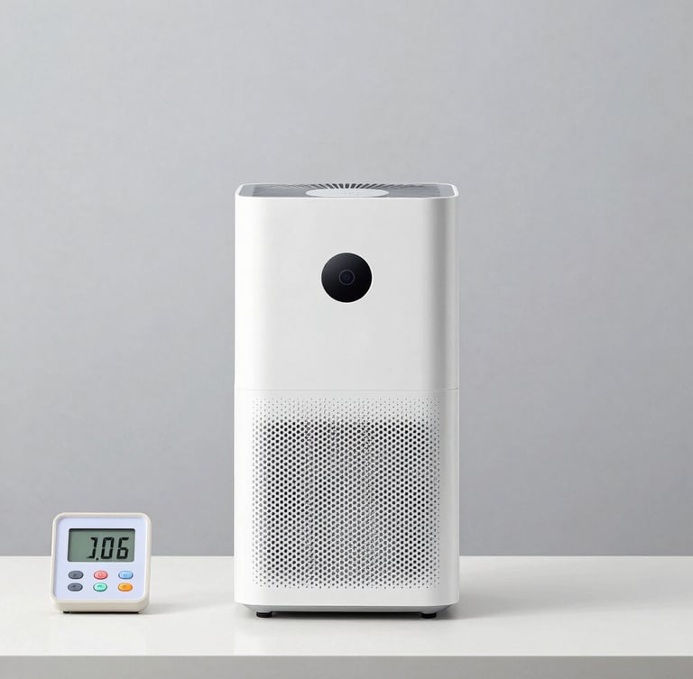 Straight-on clean product photography of a modern air purifier on a test bench with a digital testing meter displaying voltage, high-key studio lighting, neutral grey background