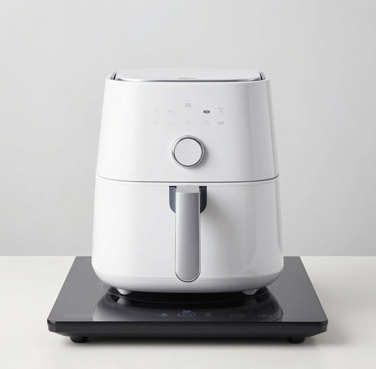 Straight-on studio product photography of a modern digital air fryer and induction cooktop, pristine unbranded surfaces, bright overcast daylight, sharp focus, 50mm lens
