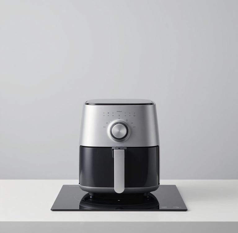 Straight-on architectural studio shot of a modern minimalist induction cooktop and air fryer, clean slate grey background, sharp focus, high-key lighting