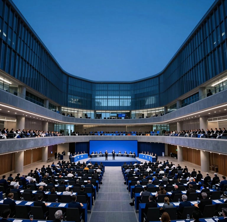 Wide-angle editorial photograph of a massive, high-contrast global summit assembly hall at blue hour, deep navy and steel tones, sharp architectural lighting