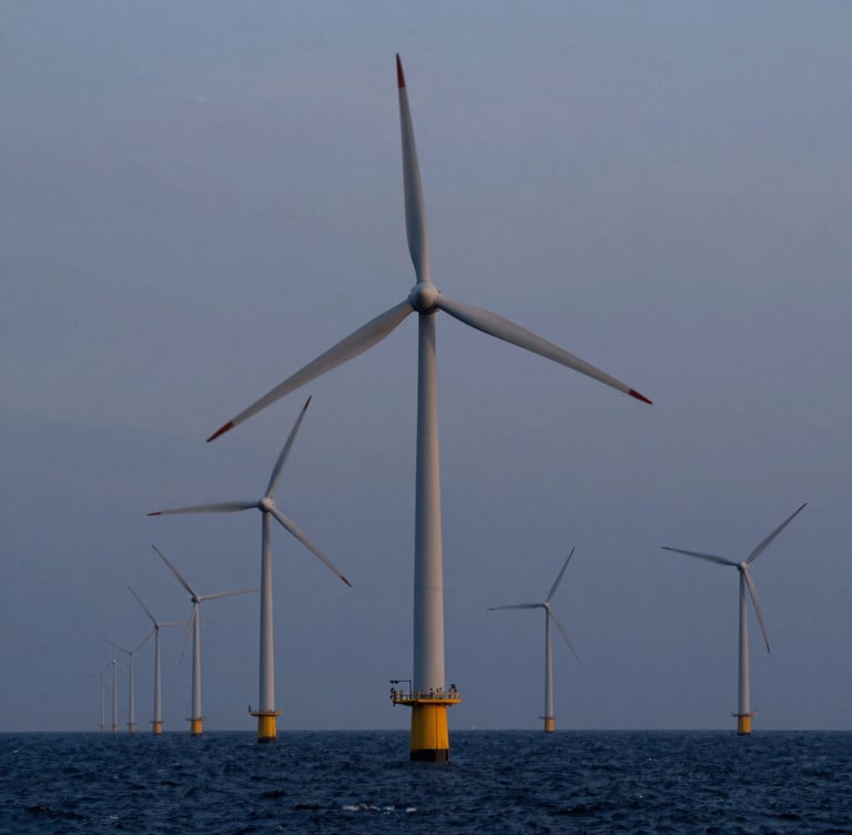 An offshore wind array shot from a dramatic low angle at dusk, massive turbines rising from deep navy waters under a steel-gray sky.