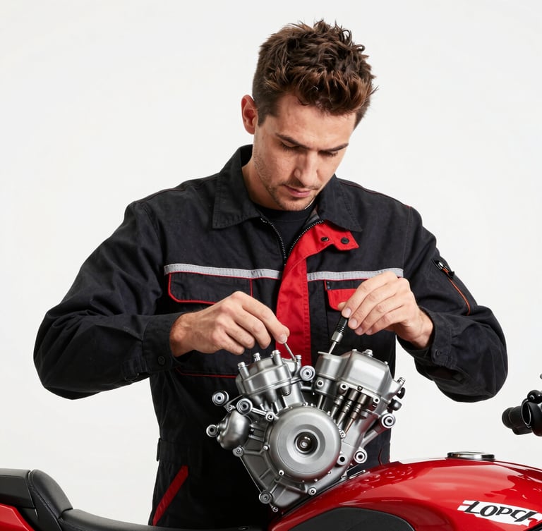 Portrait shot of a focused mechanic (Luciano Dal Mas) in a clean workshop, wearing a professional uniform, examining a motorcycle engine with precision tools, bright studio lighting, high-contrast, 35mm lens.
