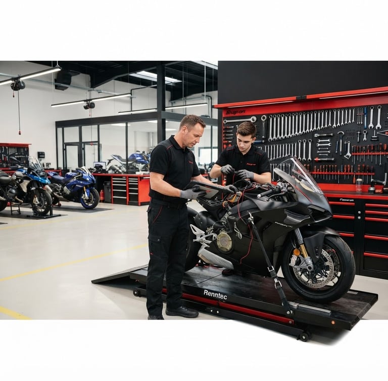 Wide panoramic view of a spotless, modern motorcycle workshop, bright clean lighting, mechanics in clean uniforms using diagnostic equipment on a motorcycle on a lift, tools neatly organized on wall panels, high-contrast black and red tones, crisp details, 35mm lens, subject slightly to the right.