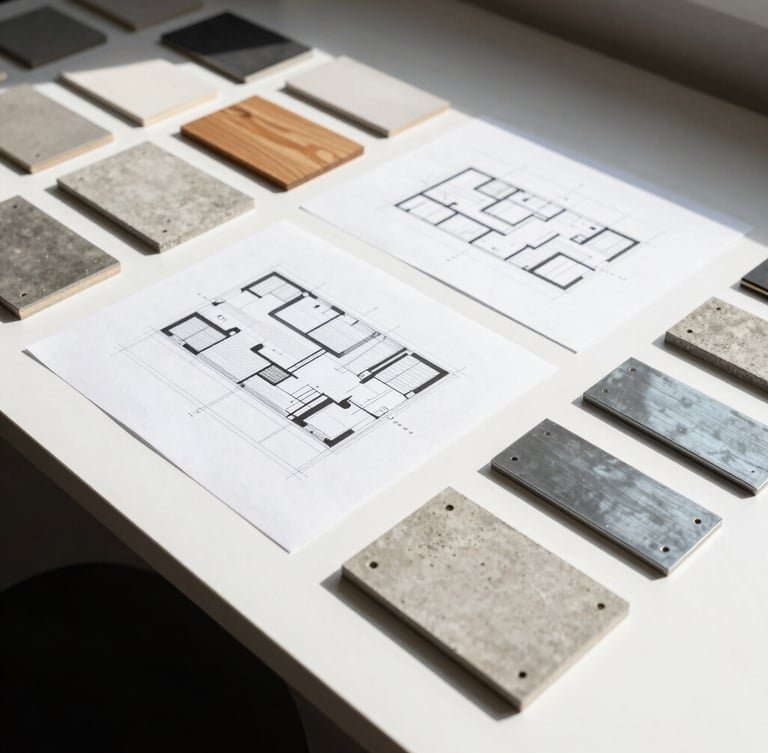 Wide-angle shot of architectural plans and material samples (concrete, timber, steel) meticulously laid out on a clean, minimalist desk, with harsh natural light creating sharp shadows, no people visible.