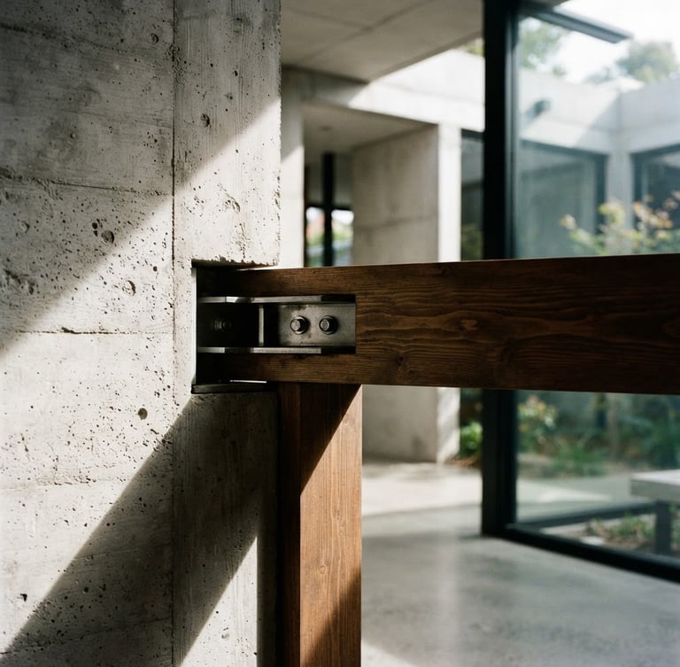 Close-up, wide-angle shot of a meticulously crafted structural join between raw concrete and timber, bathed in harsh, directional sunlight creating deep shadows, minimalist aesthetic.