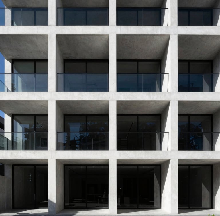 Wide shot of a modern luxury residential facade in Port Melbourne, stark white concrete, large glass panels, dramatic shadows from harsh sunlight, high-contrast, minimalist.