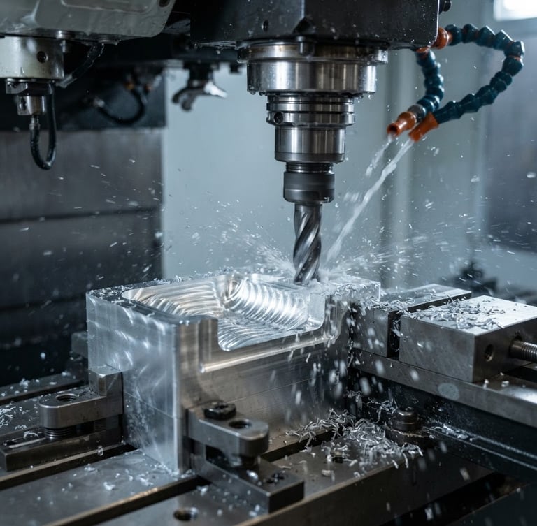 Macro close-up of a high-precision CNC milling machine cutting raw aluminum, cool industrial daylight, sharp technical details, 35mm
