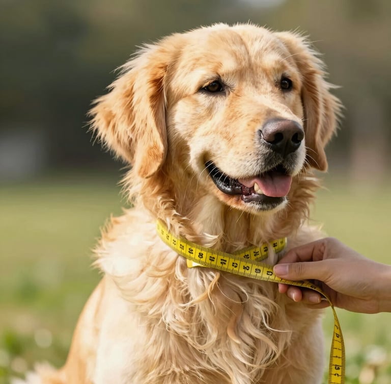 A fluffy golden retriever being measured gently with a soft yellow tape measure around its chest, bright warm daylight, shallow depth of field