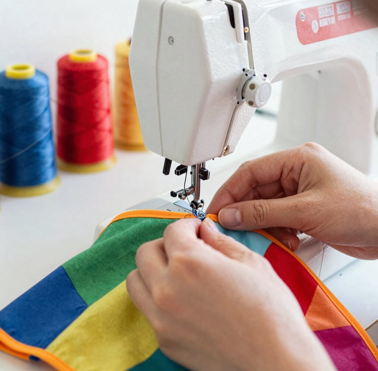 Close-up of hands carefully sewing a colorful pet garment with a sewing machine in a bright workshop, soft natural daylight, spools of bright thread in the background, 35mm