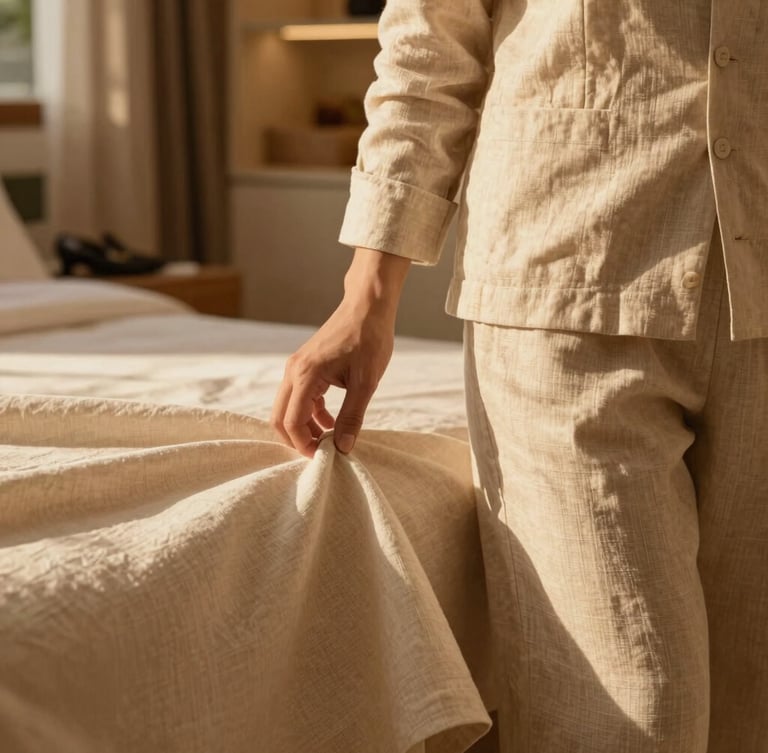 Elegant close-up of luxury linen resort wear fabric, soft beige tones, with a hand gently touching it, under warm golden-hour light, blurred background of a high-end boutique interior.
