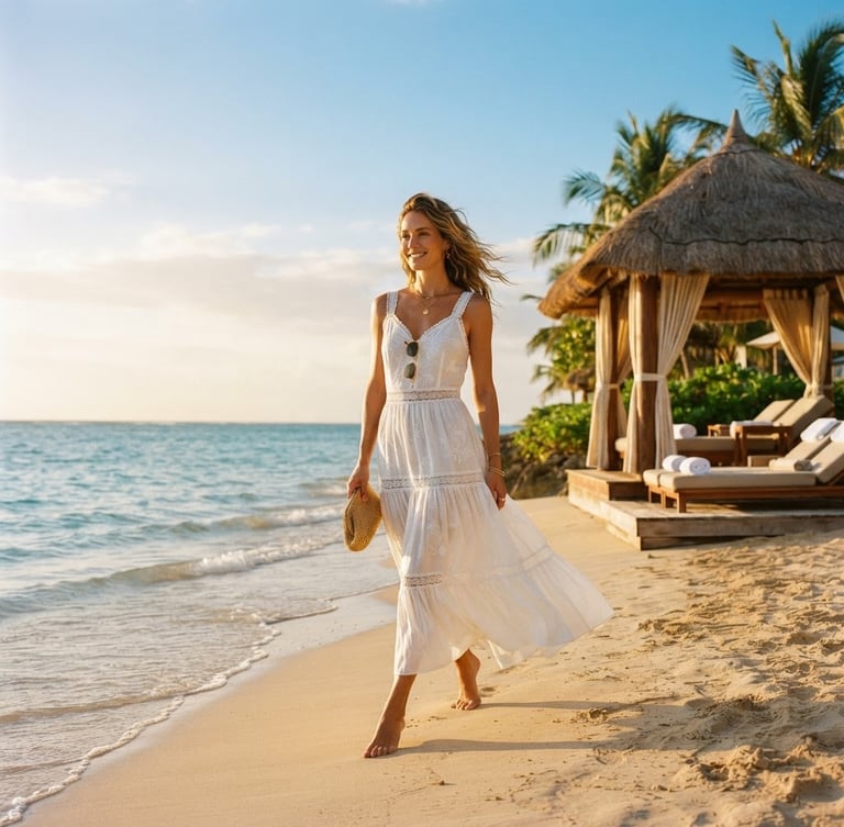 Elegant model in a flowing white resort dress, walking on a private, sun-drenched beach at golden hour, soft waves in the background, expansive blue sky, with a luxurious beach club cabana in the right third.