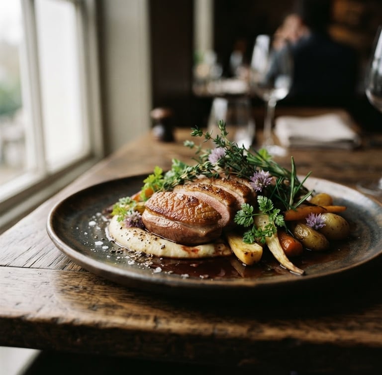 moody editorial photography, close-up of a plated artisanal dish with fresh herbs, soft directional window light, rich high-contrast earth tones, 35mm
