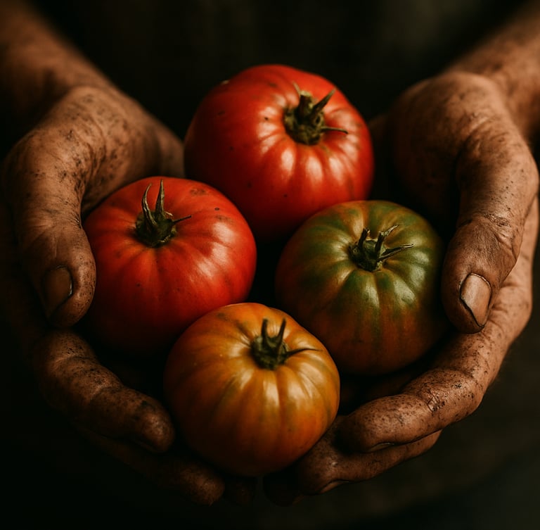 Portrait shot of hands holding freshly harvested heirloom tomatoes, soil visible on fingers, soft directional natural light, rich high-contrast earth tones, moody editorial photography, 35mm