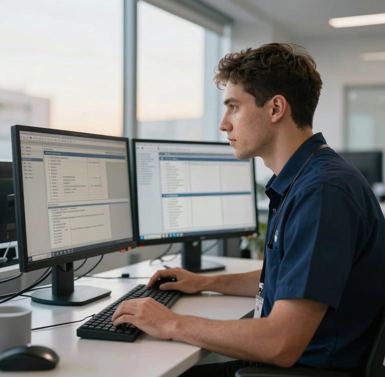 A professional dispatch coordinator in a clean, modern office looking at logistics monitors, natural overcast light, navy and silver tones