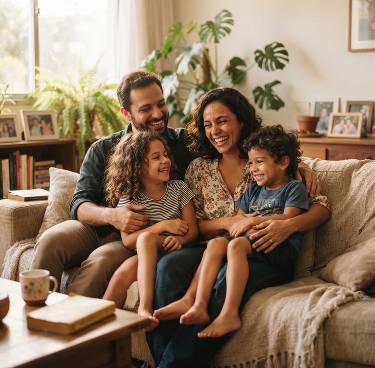Warm editorial photography of a Brazilian family sitting together on a bright living room couch, natural daylight, soft skin tones, shallow depth of field, authentic and professional, 35mm lens.