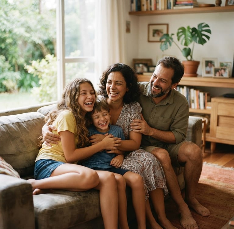 Warm portrait of a Brazilian family laughing together in a sunlit living room, soft natural lighting, shallow depth of field, authentic 35mm photography.