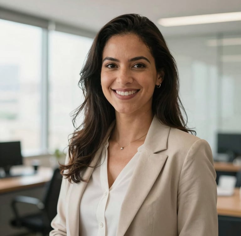 A warm, natural portrait of a Brazilian professional woman smiling in a bright, modern office, soft daylight, professional and welcoming.