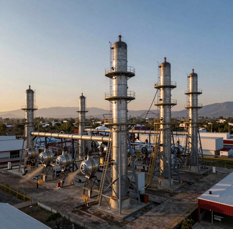 Vista aérea de una subestación eléctrica de alta tensión en México, estructuras de acero galvanizado bajo la luz del amanecer, polvo en suspensión, alto contraste.