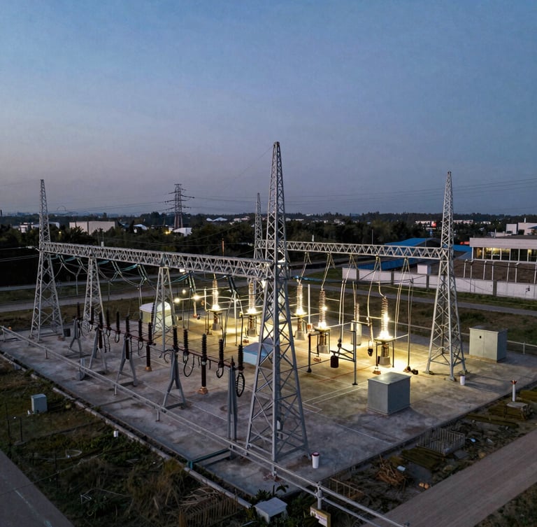 Wide environmental drone shot of a massive high-voltage electrical substation at twilight, structural steel beams, high contrast natural light.