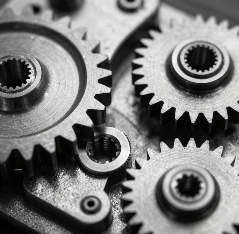 Extreme macro close-up of raw titanium gears and escapement mechanism, harsh studio lighting, deep shadows, black and white, high grain film.