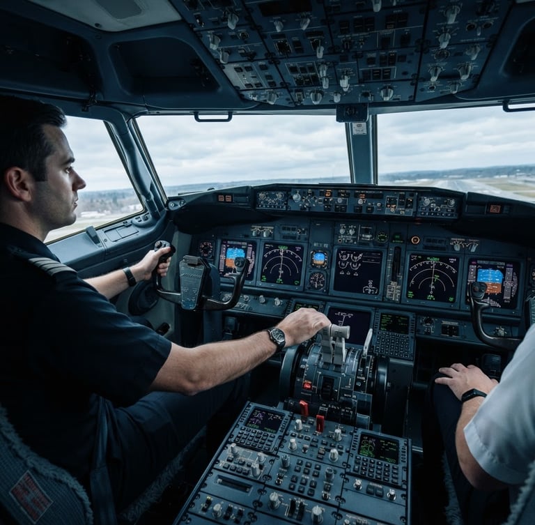 Wide panoramic view of a modern commercial flight simulator cockpit, crisp cool lighting, pilot's hands on controls, deep navy and steel tones, 35mm lens, bleeding to the right edge.