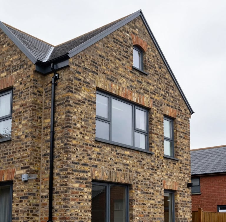 Crisp architectural photography of a modern brick house extension in Manchester, seamless integration with original brickwork, bright overcast daylight, sharp focus, 35mm