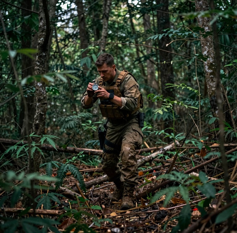 moody tactical photography, overcast forest daylight, deep green and earthy tones, dynamic action shot, 35mm, cadet in uniform, compass in hand, navigating through dense forest, mud on boots, focused expression, portrait aspect, image bleeding to the right edge of the frame