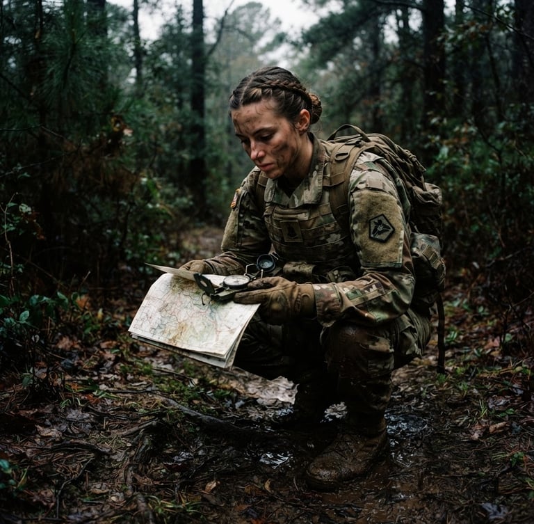 Cadet in military uniform, intensely focused on a map and compass, navigating dense, dark forest during an overcast day, muddy boots, 35mm, moody tactical photography.