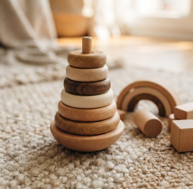 Close-up of neutral-toned children's wooden stacking toys on a light rug, soft morning light, shallow depth of field, natural wood textures.