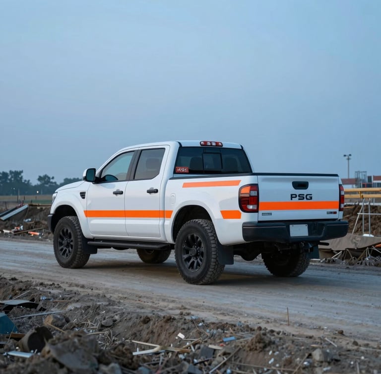 PMSG branded heavy-duty pickup truck parked on a muddy construction access road, high-visibility markings, crisp daylight, cool blue tones with high-visibility orange accents.