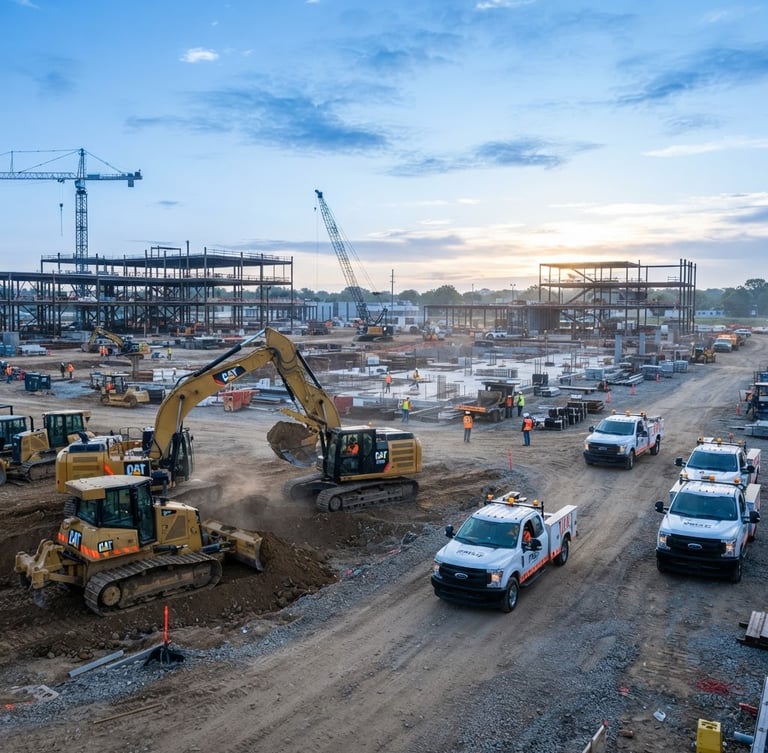 Wide panoramic view of a large commercial construction site at dawn, heavy machinery in motion, PMSG marked fleet vehicles in the foreground, crisp morning light, cool blue tones with high-visibility orange accents, sharp focus, 35mm lens.