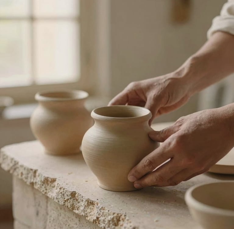 Macro close-up of hands arranging raw terracotta vessels on a rough-hewn stone ledge, soft-focus linen background, diffused warm light, 35mm.
