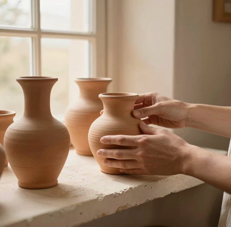 Close-up of hands gently arranging terracotta vessels on a rough plaster shelf, soft diffused golden-hour window light, warm cream tones