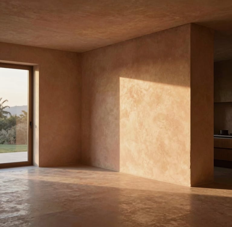 Wide architectural crop of a minimalist concrete and terracotta villa interior, soft golden-hour window light casting warm shadows on textured plaster walls, 35mm.