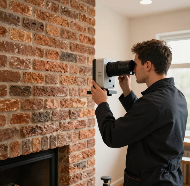 A professional technician in a clean dark uniform adjusting a modern diagnostic camera near a pristine brick fireplace, warm indoor lighting, sharp focus