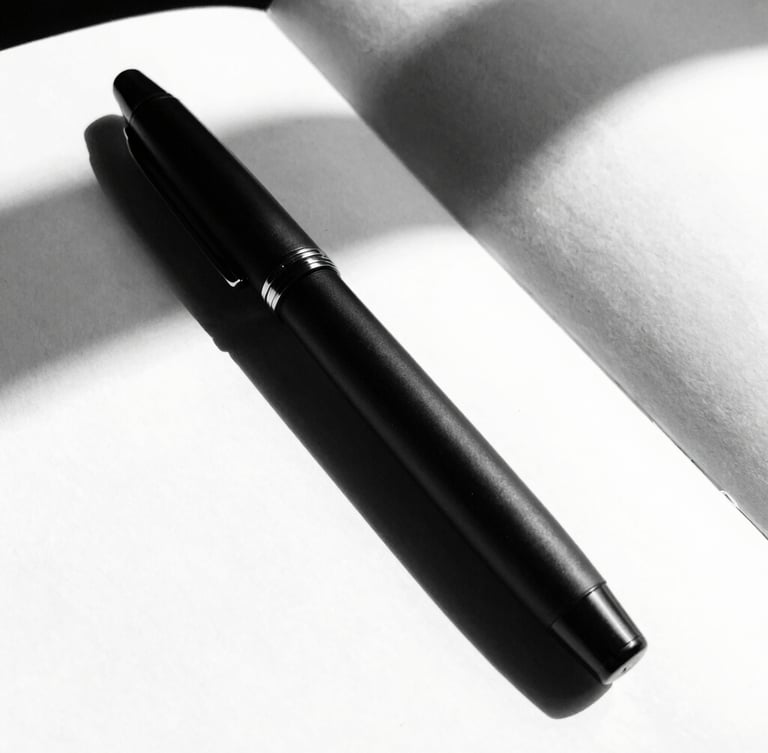 Tactile close-up of a matte black fountain pen resting on a clean white notebook, sharp architectural shadows, high-contrast black and white photography