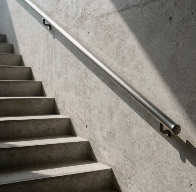Macro architectural shot of a minimalist concrete staircase with a brushed steel handrail, natural daylight casting soft linear shadows, dust-free pristine surfaces.