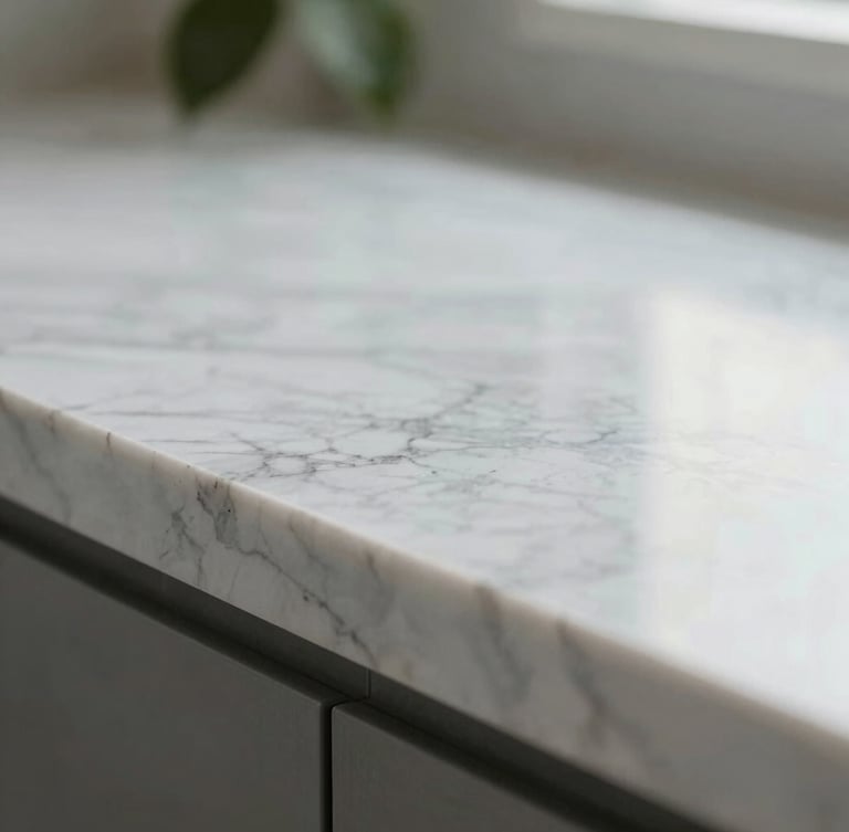 Macro shot of a perfectly polished marble countertop, soft natural daylight reflecting off the pristine surface, a hint of sage green foliage in the soft-focus background.