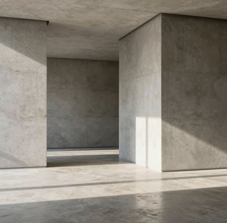 Minimalist architectural crop of a sunlit room, clean concrete lines, a polished stone surface reflecting soft daylight, high-end German estate aesthetic.