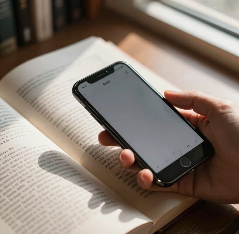 Tight overhead macro shot of a hand holding a phone, scanning a heavily annotated physical book margin under warm library window light, high shadow contrast.